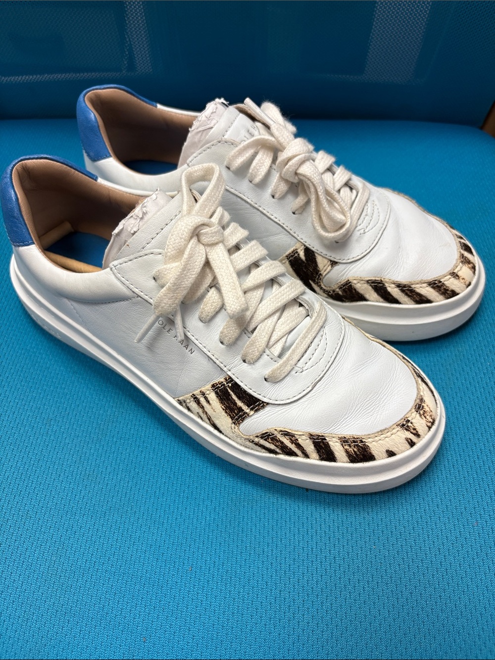 Cole Haan White Leather Sneakers with Brown Zebra Accent and Blue Heel
